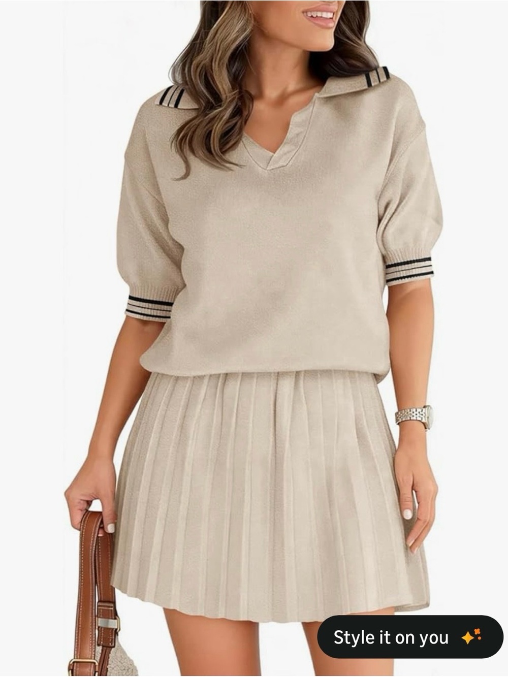 Beige Pleated Skirt Set with Polo Collar